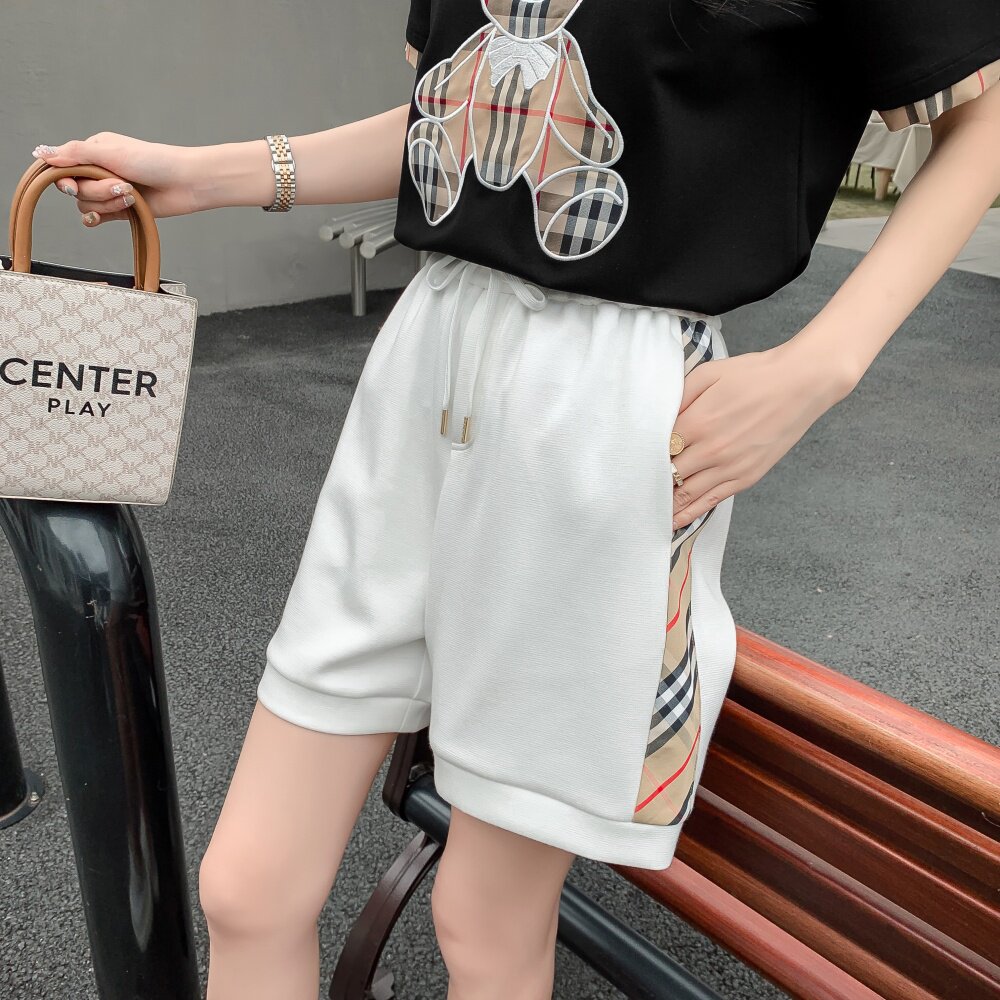 高端大牌夏季侧边条纹格子方格女棉质短裤BIABETTY欧美专柜正品
