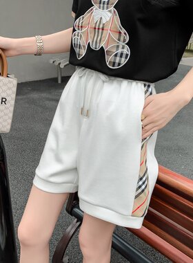 高端大牌夏侧边条纹格子棉质短裤