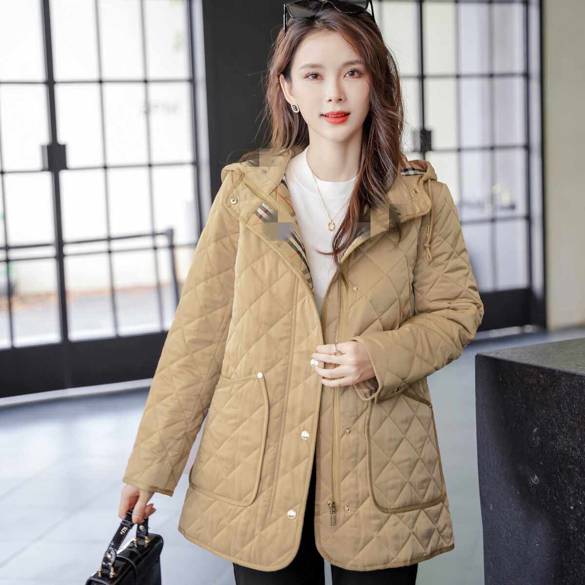 高品质欧美BUSHBURY女新款冬季保暖外套装显瘦菱格连帽棉服棉袄