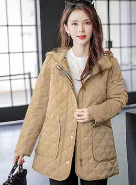 连帽菱格冬季新款显瘦棉服欧美