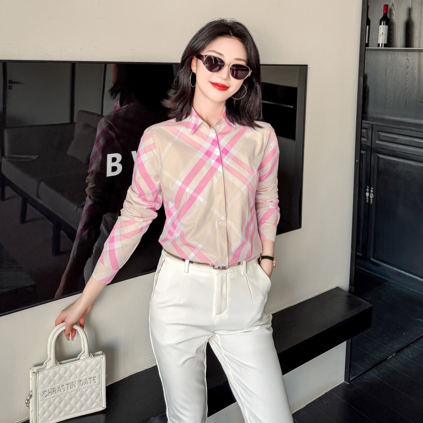 高端格子方格棉质大牌女衬衫商务衬衫CEO公务员衬衫BIABETTY正品