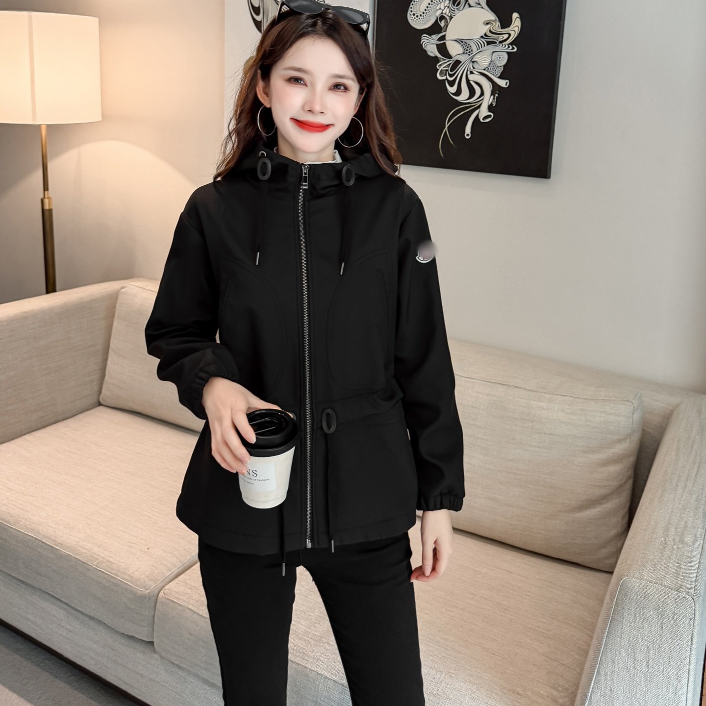 休闲防风保暖高级连帽女风衣夹克