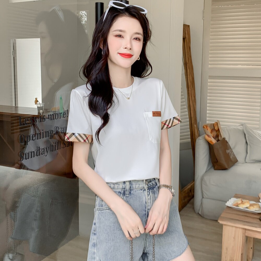 薄款透气舒适高品质女士格子拼接短袖T恤BIABETTY英伦专柜正品