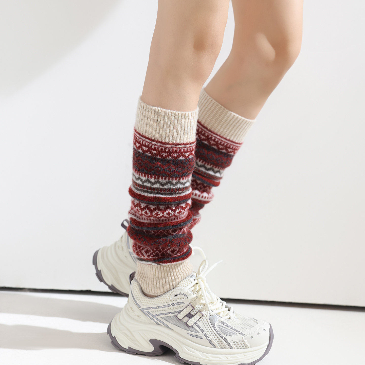 费尔岛提花100%纯羊绒堆堆袜套女冬季加厚保暖中筒袜防寒护腿套