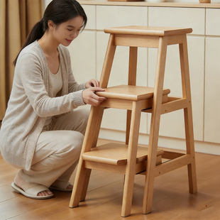 原木风全实木折叠梯凳吧台高脚凳客厅装饰置物架厨房吊柜取物神器
