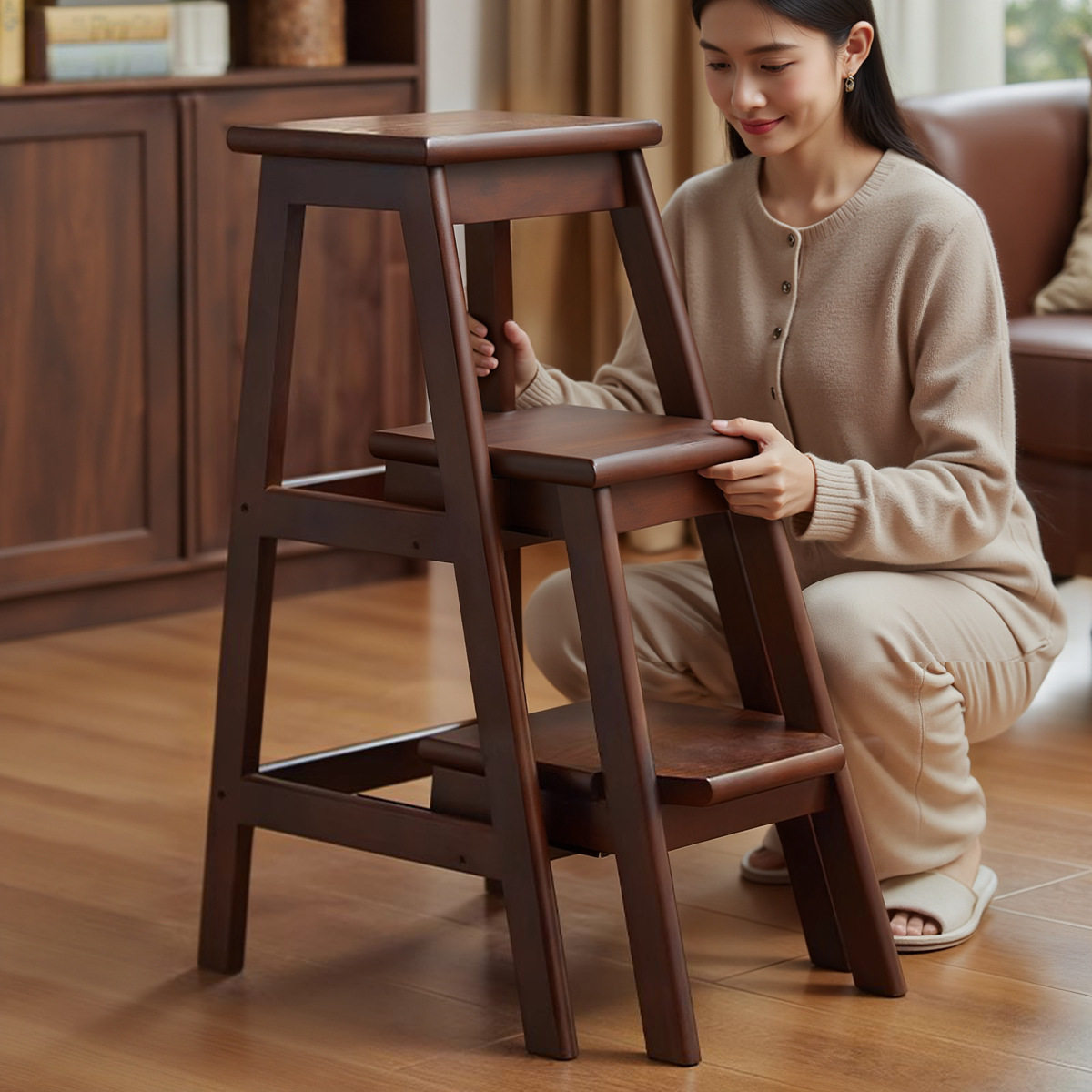 全实木折叠梯凳家用两步三步梯椅厨房登高置物台阶凳多功能楼梯凳