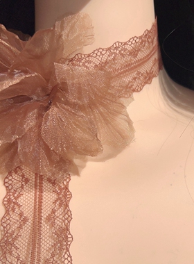 小众设计法式复古优雅气质咖色大花朵蕾丝绑带项圈颈带高级感项链