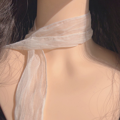 韩版超仙气温柔纯欲风白色褶皱网纱长款项链颈带飘带小围巾choker