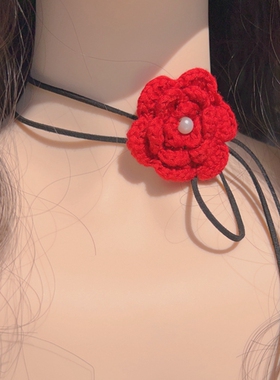 原创设计气质新年百搭红色毛线花朵绑带项圈颈带长款系带少女项链