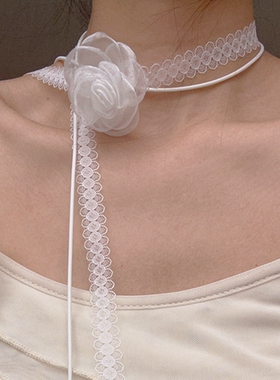 韩版仙气白色花朵蕾丝飘带项链少女气质百搭细带项圈颈带