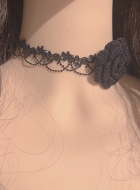 秋冬新款黑色毛线花朵蕾丝花边短款项圈颈带choker个性少女项链