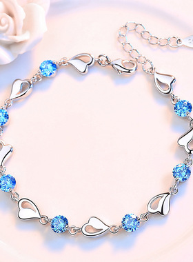 橙也京东天猫蓝心手链 女镂空爱心形镀银手链 蓝色手饰品厂家