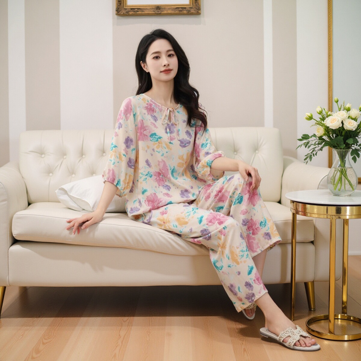 睡衣女夏季七分袖長褲媽媽綿綢家居服套裝可外穿薄款寬松空調服