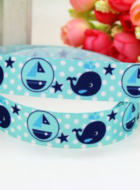 蓝色鲸鱼 印花织带缎带绸带彩带蝴蝶结DIY卡通印刷罗纹带