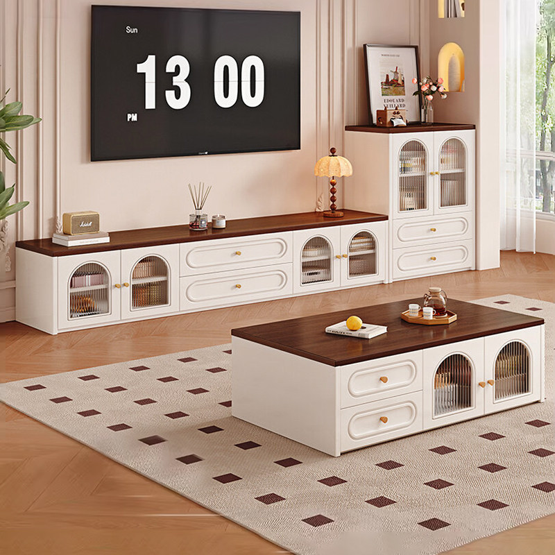 落地电视柜客厅家用2026新款中古风实木法式玻璃门收纳组合储物柜