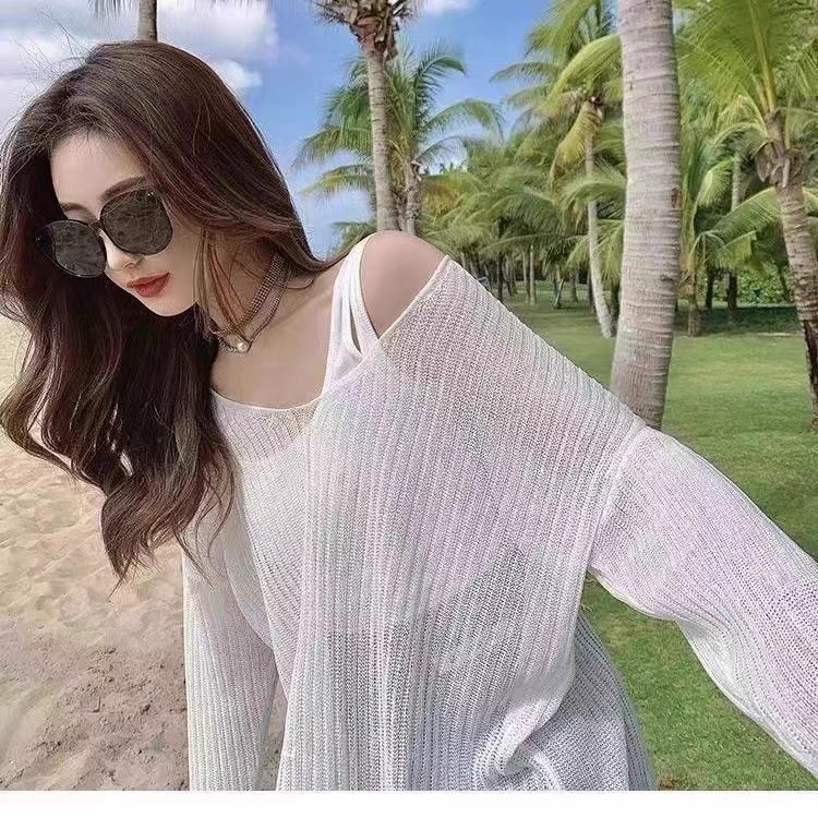 小众防晒针织衫女2025夏季新款长袖薄款海边罩衫V领宽松百搭上衣