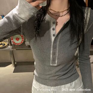 修身 撞色T恤长袖 显瘦小众休闲百搭纯色上衣女ins 新款 韩系春秋季