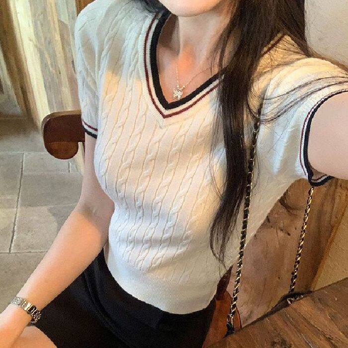 复古撞色V领条纹麻花短袖T恤女2026夏季新款针织衫正肩短款上衣