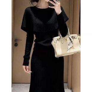 黑色时尚2026春秋斗篷式针织衫上衣法式巨好看的早秋千金风毛衣女