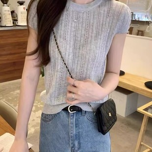 小众夏季 纯色落肩袖 美式 韩版 上衣女潮ins 镂空设计百搭针织衫 短袖