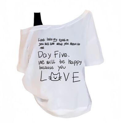 卡通趣味小猫斜肩短袖t恤女