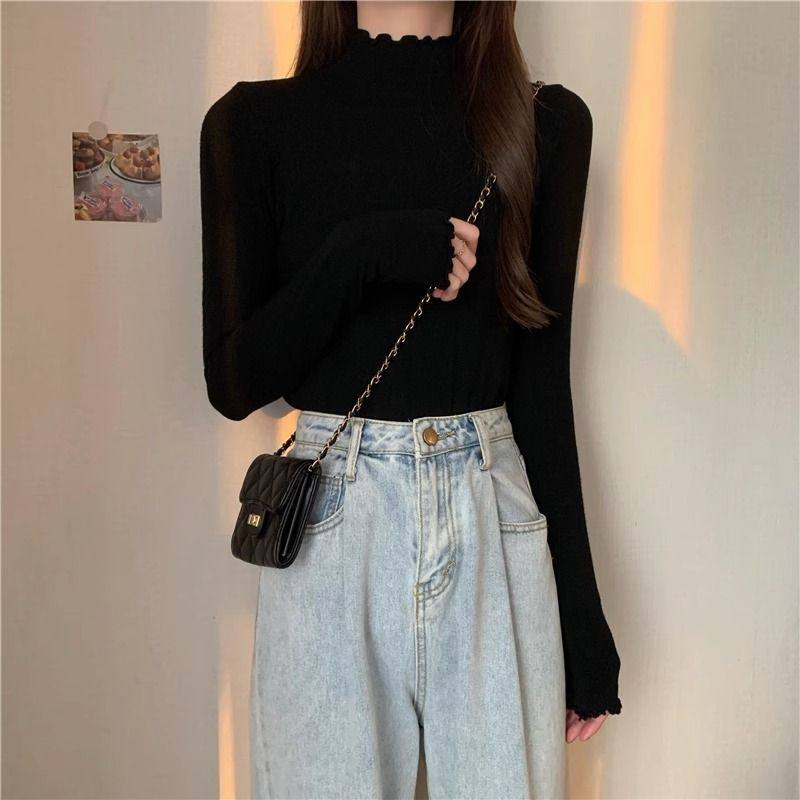 2026半高领纯色德绒套头内搭木耳边针织打底衫韩系长袖上衣ins潮,女装/女士精品,T恤,淘宝优惠券,粉丝福利购,淘宝优惠卷