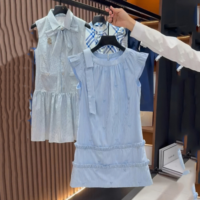 袖蓝色条纹背心短裙蝴蝶结连衣裙