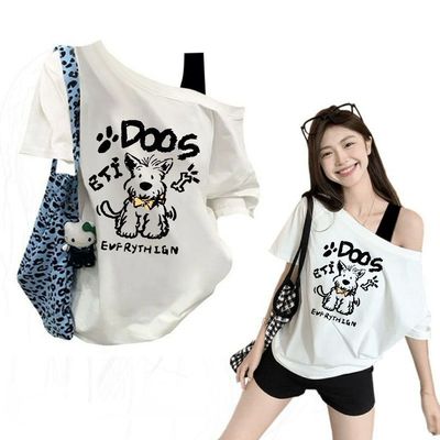 卡通印花斜肩短袖t恤女上衣