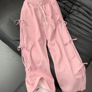 粉色休闲蝴蝶结卫裤女秋冬2024新款系带宽松运动裤高腰直筒阔腿裤