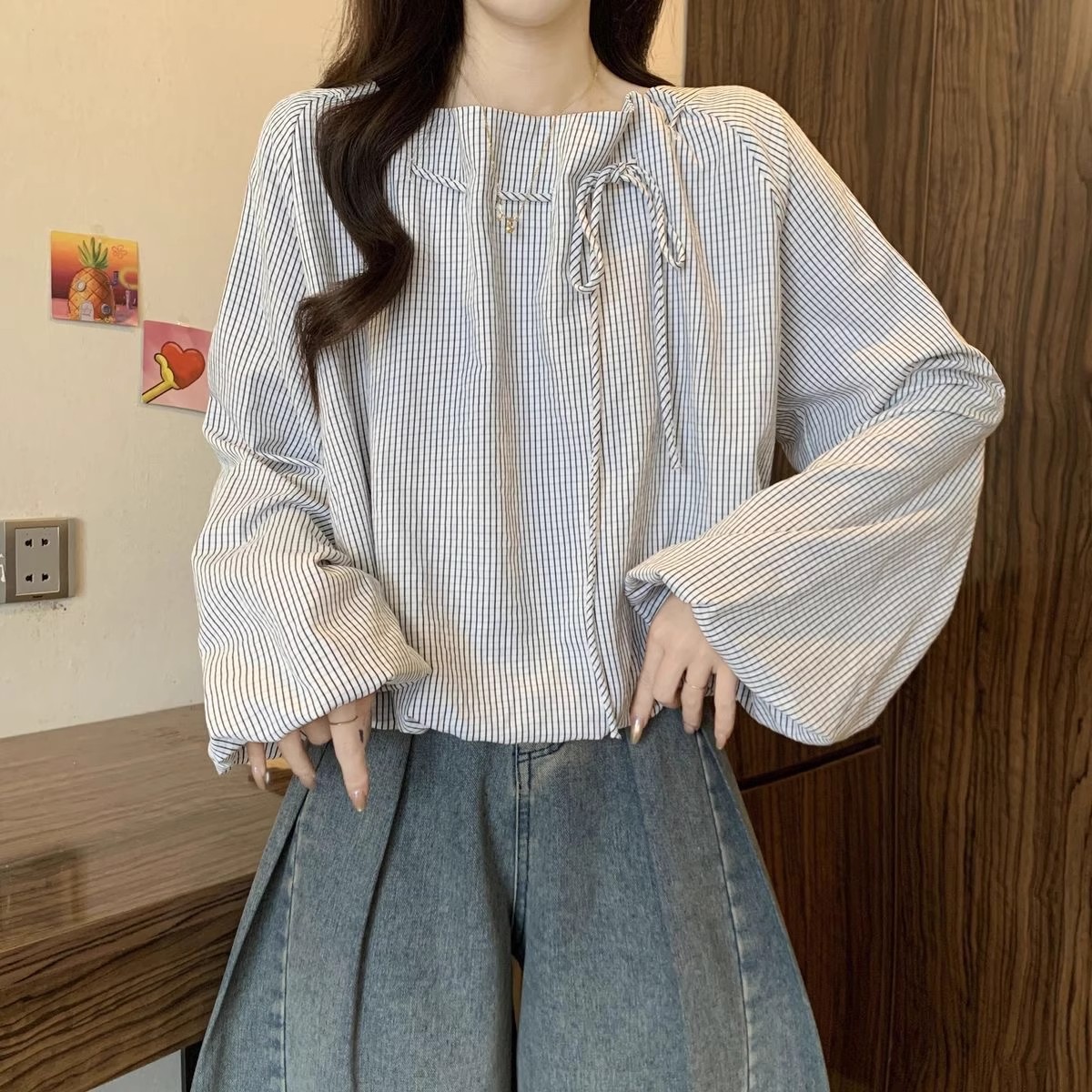 复古长袖宽松慵懒风小衫休闲上衣