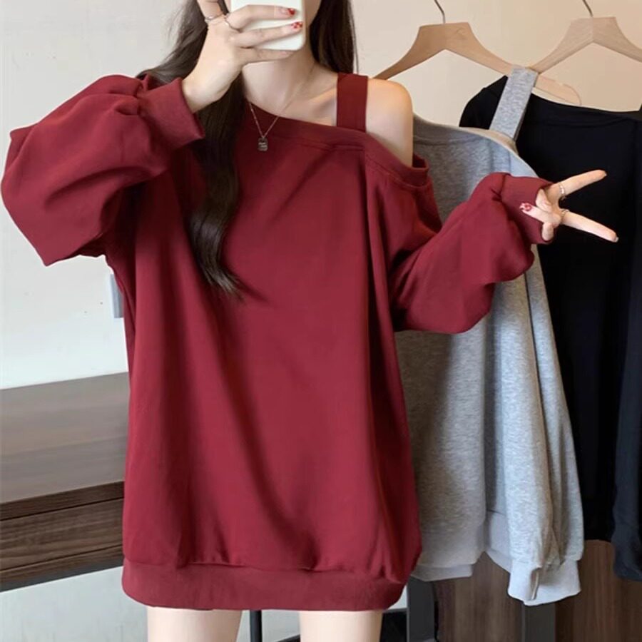 2025小众纯色时尚露肩设计感卫衣女宽松休闲慵懒风显瘦上衣ins潮
