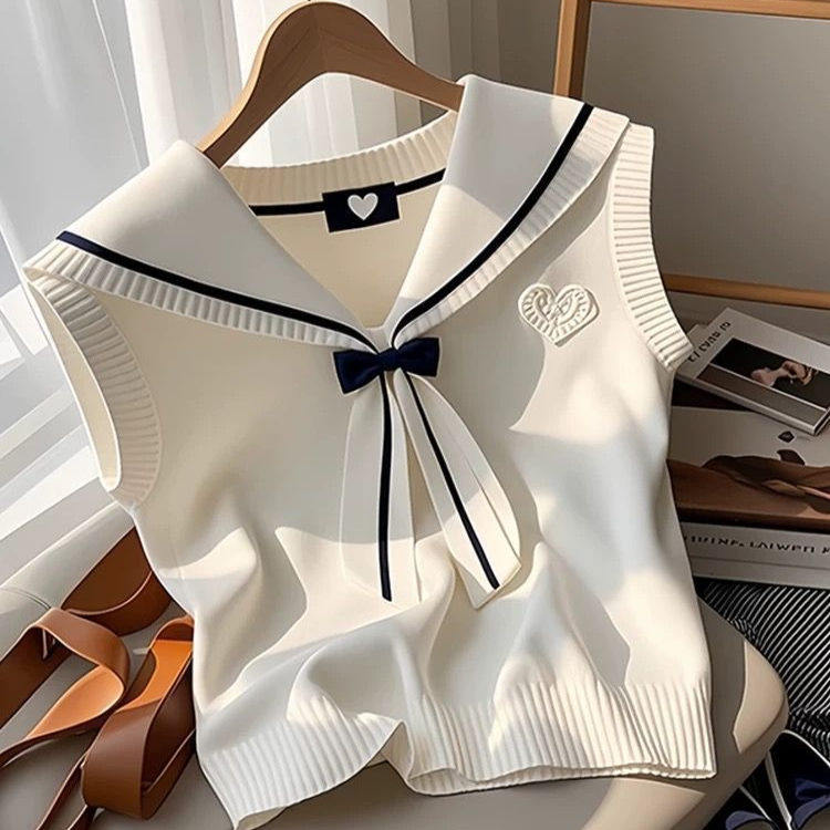 学院风海军领蝴蝶结百搭马甲女2025夏季新款韩系穿搭修身针织上衣