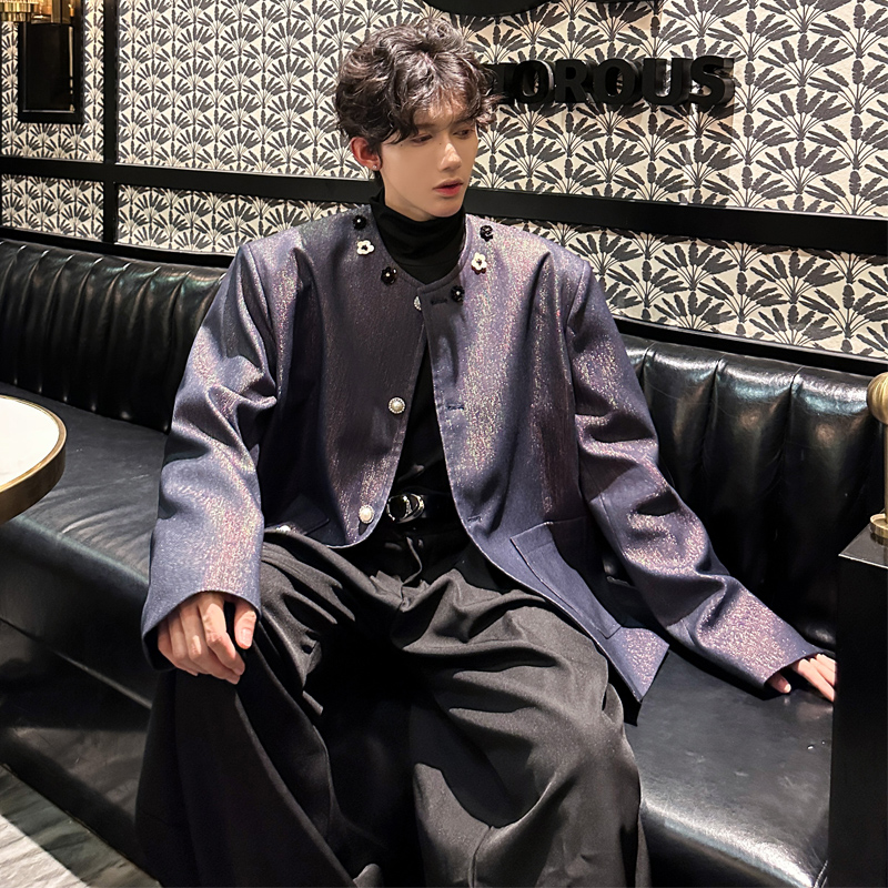JK17小香风外套无领夹克小众垫肩闪亮牛仔演出服外套男P118蓝色，男装夹克，星座404A