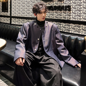 JK17小香风外套无领夹克小众垫肩闪亮牛仔演出服外套男P118牛仔蓝图片