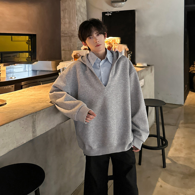 JK06假两件V领卫衣男衬衫领潮流宽松连帽卫衣男P68,男装衬衫,星座404A