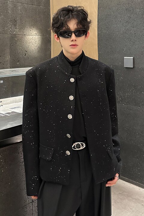 JK07小众垫肩立领外套韩版短款呢料外套男P118黑色,女装短外套,星座404A