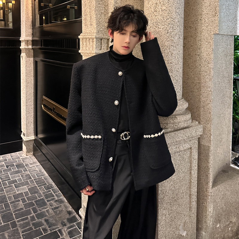 JK13小香风外套无领夹克小众垫肩韩版演出服呢料外套男 P118 黑色，男装夹克，星座404A
