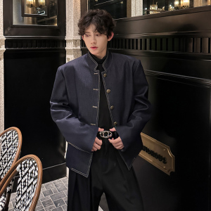 JK12 短款解构小众外套男垫肩牛仔夹克新中式男装外套 P108 蓝图片