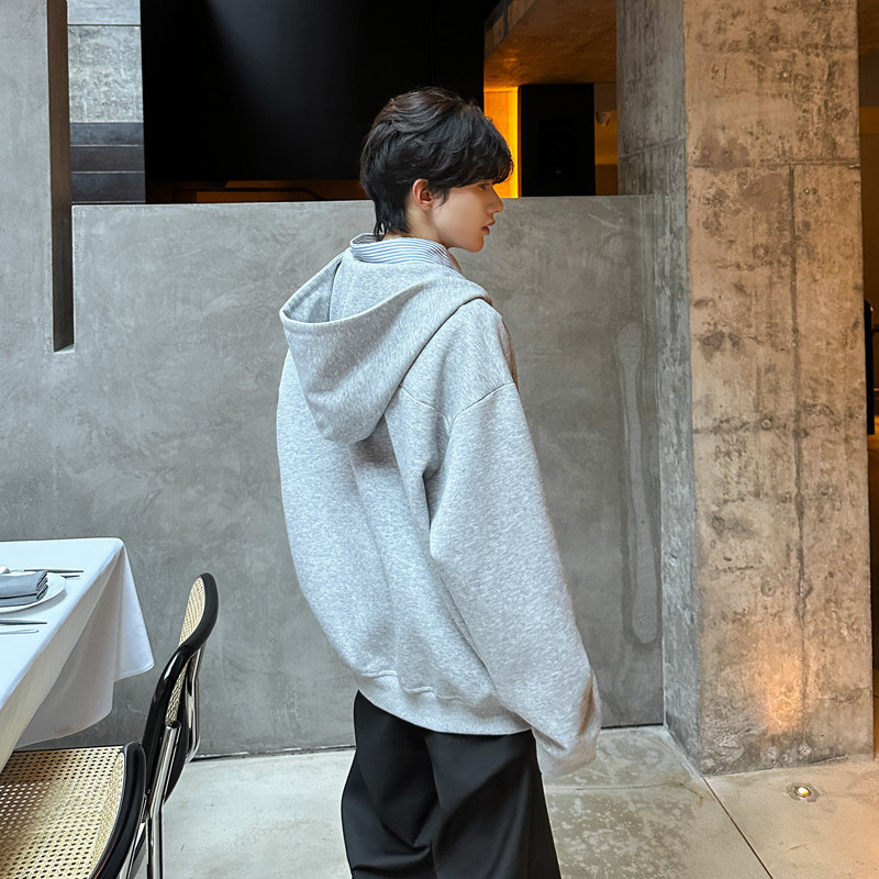 JK06假两件V领卫衣男衬衫领潮流宽松连帽卫衣男P68灰,男装衬衫,星座404A