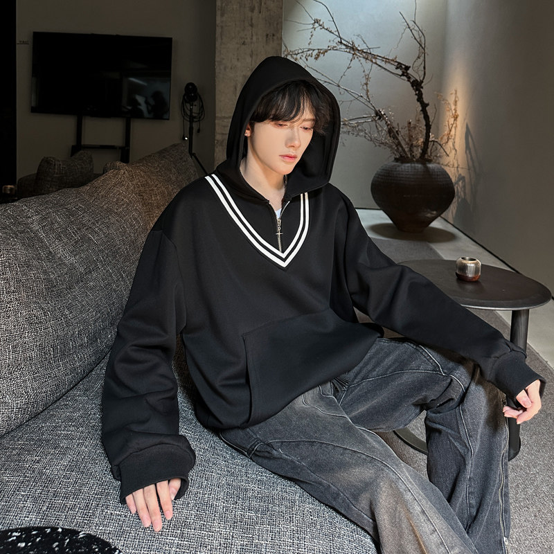 JK04假两件V领卫衣男潮流宽松连帽卫衣男P78灰,男装卫衣,星座404A