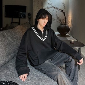 JK04 假两件V领卫衣男潮流宽松连帽卫衣男 P78 灰图片
