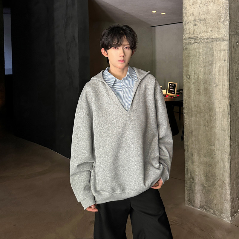 JK06假两件V领卫衣男衬衫领潮流宽松连帽卫衣男P68,男装衬衫,星座404A