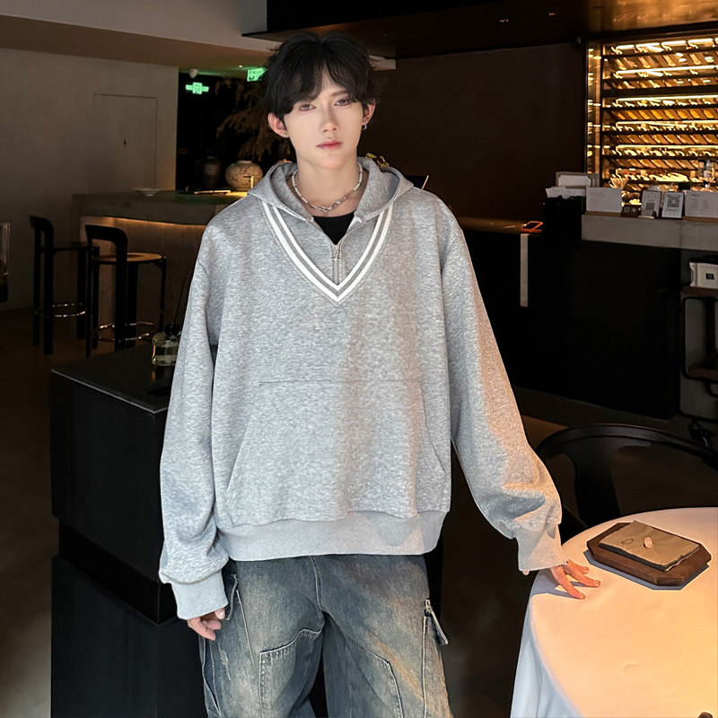 JK04假两件V领卫衣男潮流宽松连帽卫衣男P78灰,男装卫衣,星座404A