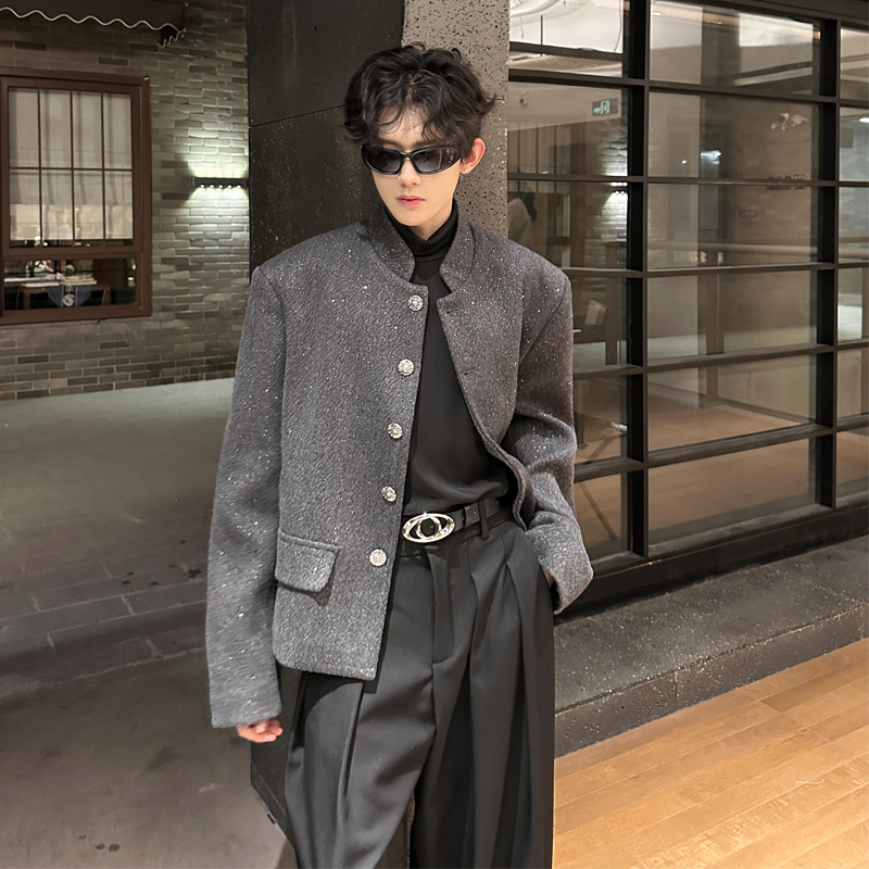 JK07新款小众垫肩立领外套韩版短款呢料外套男P118灰，女装短外套，星座404A