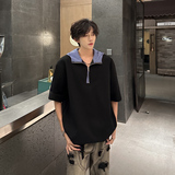 T78重磅短袖假两件连帽小众设计师款韩版潮流T男P48黑色，男装T恤，星座404A