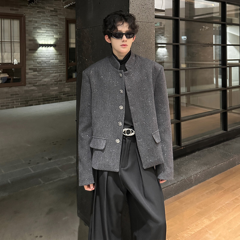 JK07新款小众垫肩立领外套韩版短款呢料外套男P118灰色,女装短外套,星座404A