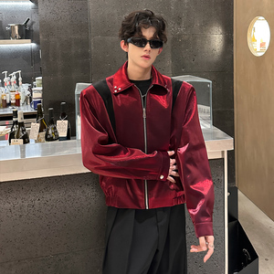 JK01 短款解构小众外套男垫肩撞色夹克韩版宽松男装 P98 红色图片