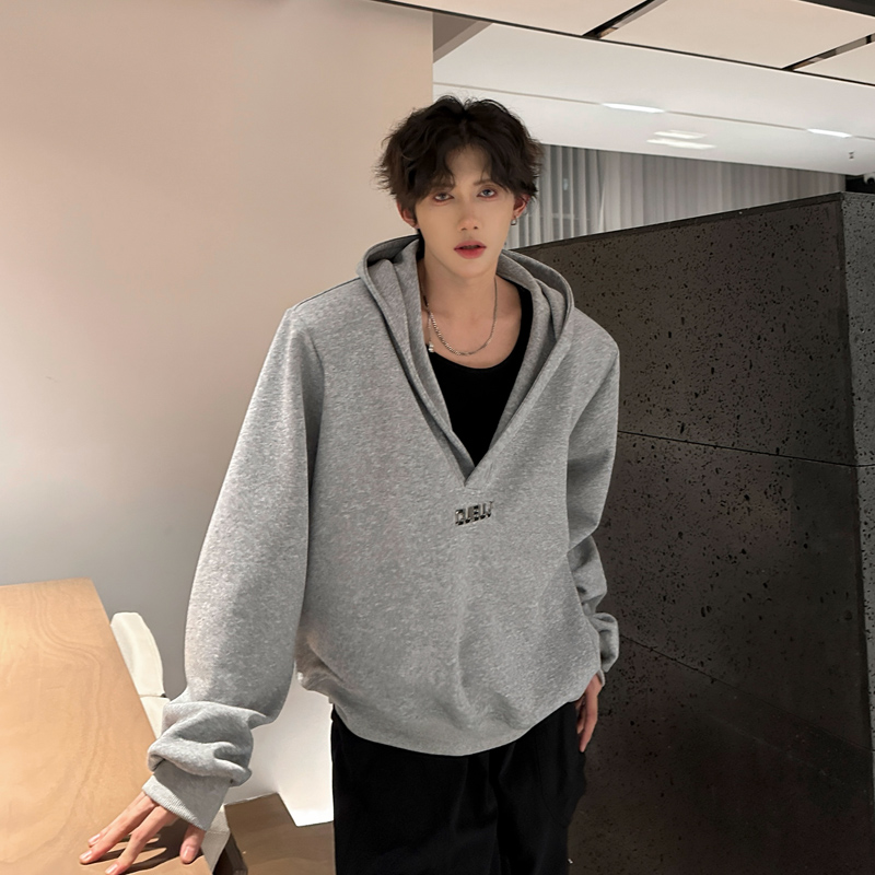 C31重磅垫肩V领小众卫衣男撞色韩版宽松连帽卫衣男P68灰，男装卫衣，星座404A