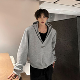 C31重磅垫肩V领小众卫衣男撞色韩版宽松连帽卫衣男P68黑色，男装卫衣，星座404A