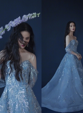 明星刘亦菲同款仙仙蓝色抹胸奢华钉珠名媛宴会酒会舞会晚礼服定制